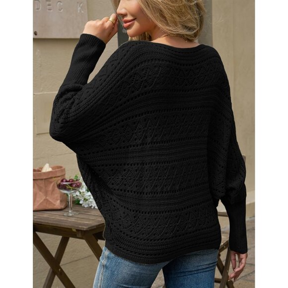 Women’s Black Off Shoulder Batwing Crochet Sweater Top, Fall Trendy - Picture 5 of 6